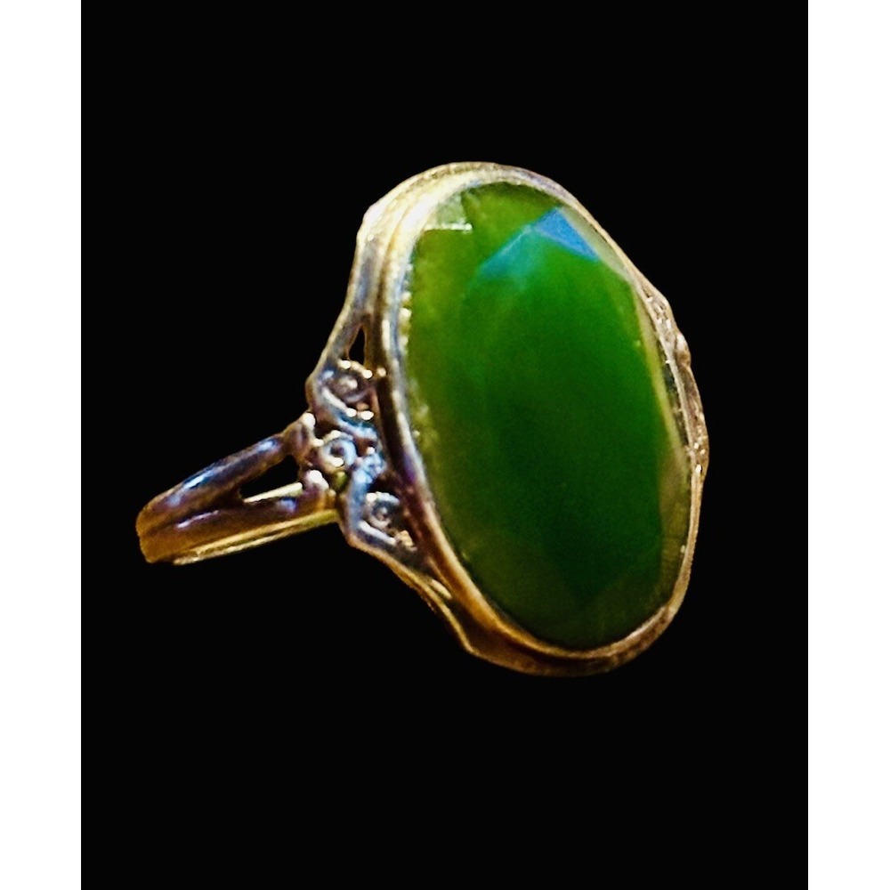 Art Deco 10K Yellow Gold Diamond Cut Natural Jadeite Stone Ring Size 6 Vtg OOAK - Picture 9 of 10
